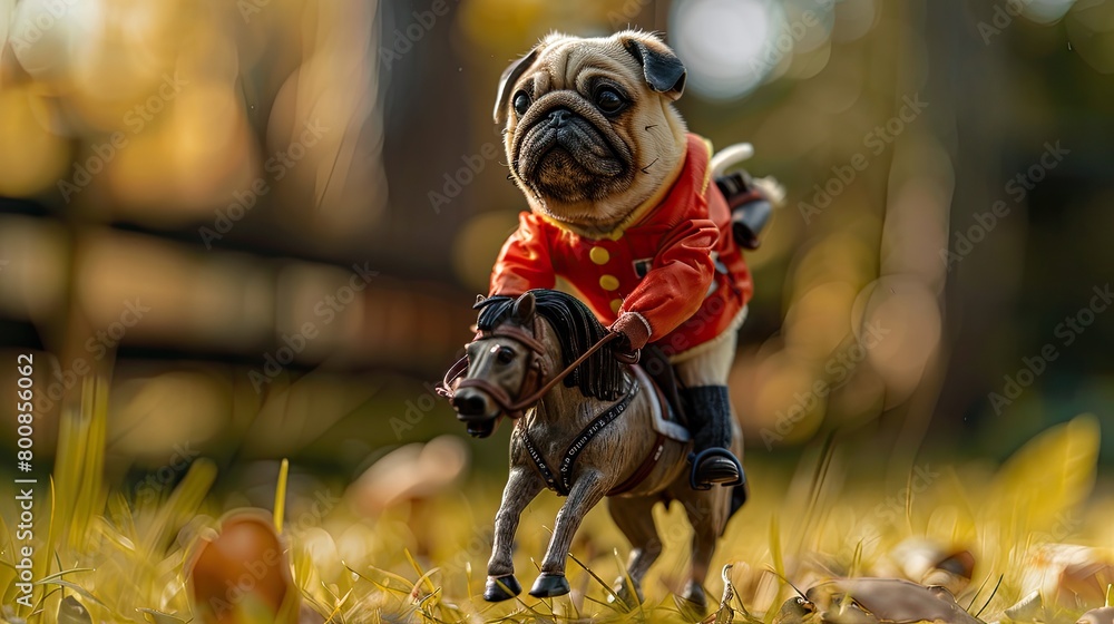 Pug in a jockey uniform riding a small horse toy