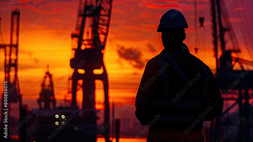 Silhouette of a crane operator working late at a busy port Silhouette of a crane operator working late at a busy port