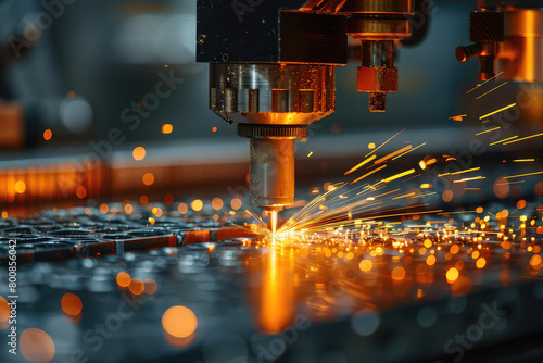 A closeup of an industrial laser welding machine in action, with sparks flying and light reflecting off the metal surface. Created with Ai