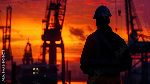 Silhouette of a crane operator working late at a busy port