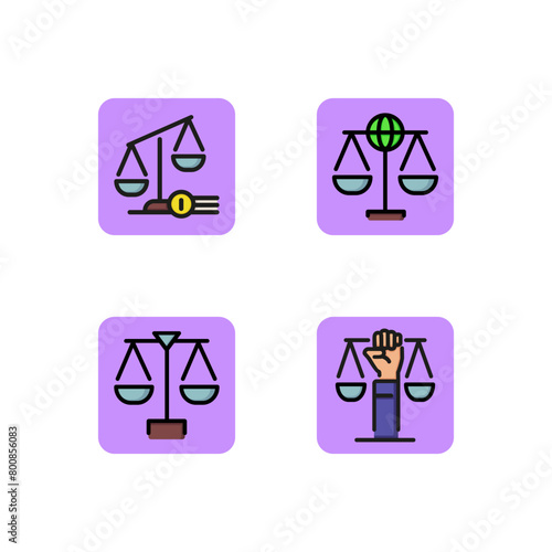 Justice line icon set. Scales as symbol of civil rights, global law, judgement. Law and court concept. Vector illustration for web design