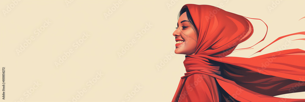 Artistic illustration of a smiling woman wearing a vibrant red hijab, profile view Artistic illustration of a smiling woman wearing a vibrant red hijab, profile view