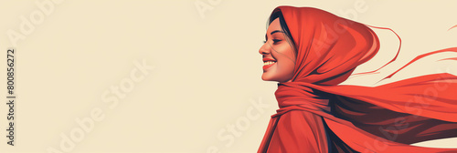 Artistic illustration of a smiling woman wearing a vibrant red hijab, profile view