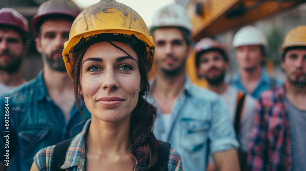 woman engineer in a yellow helmet at building site looking at camera. Successful architect and her team woman engineer in a yellow helmet at building site looking at camera. Successful architect and her team