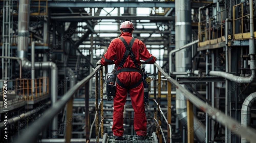 Man in work clothes wearing red jumpsuit, helmet and engineering tools standing on stairs, construction site.
