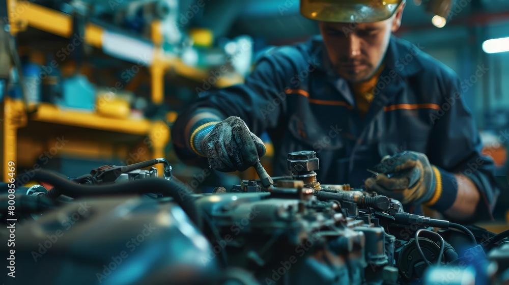 A mechanic in protective workwear and gloves repairs a car engine in a dimly lit garage. A mechanic in protective workwear and gloves repairs a car engine in a dimly lit garage.