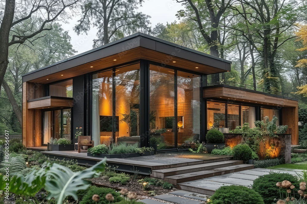 A modern, single-story house in an Indian garden with wooden walls and glass windows overlooking the green lawn of tropical plants, trees, hedges. Created with Ai
