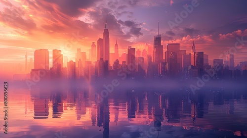 A beautiful sunset over a city. The warm colors of the sky and the reflection of the buildings in the water create a peaceful and serene scene.