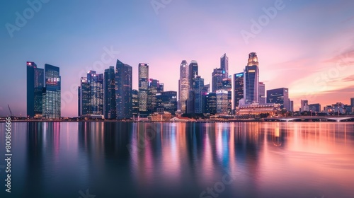 Marina Bay at sunset, Singapore. A beautiful cityscape with a vibrant reflection on the water. © Sweettymojidesign
