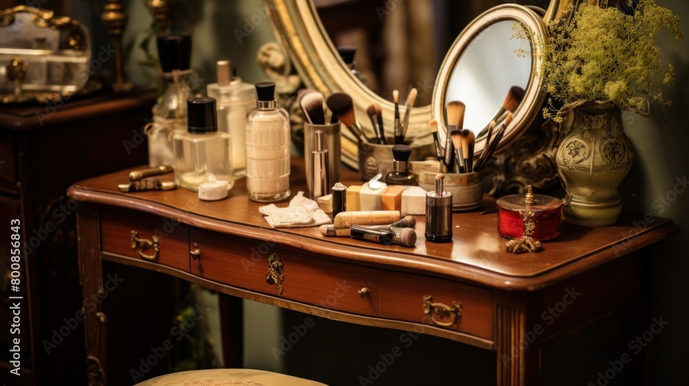 Vintage style dressing table decorated with mirror and makeup brushes.