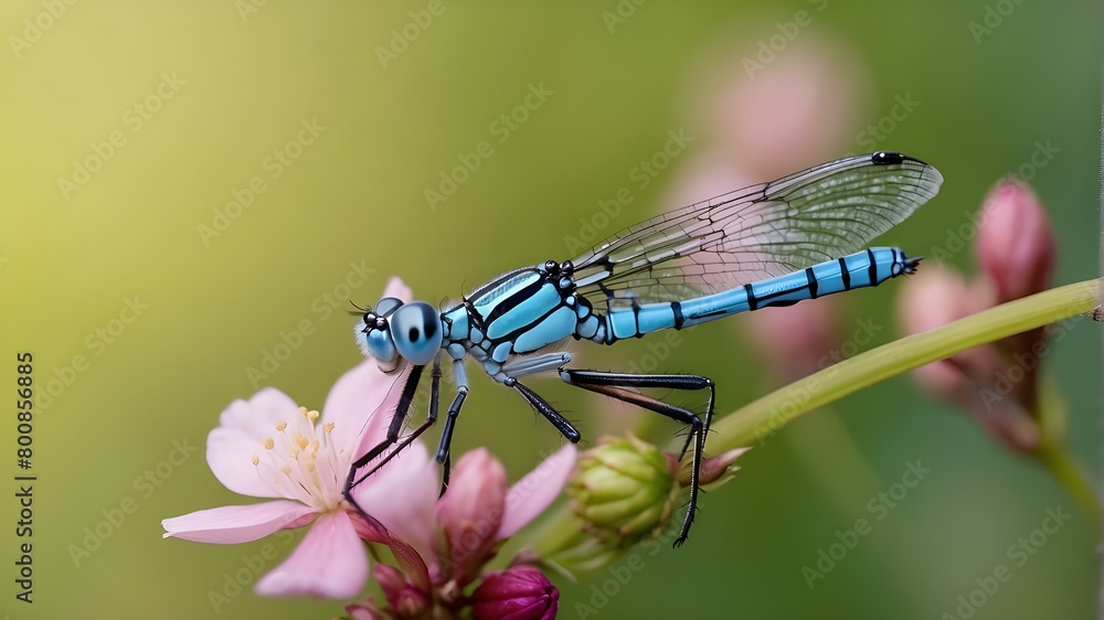Beautiful close-up of a polish azure damselfly (Coenagrion puella) relaxing on a blossom in the wild. Natural morning macro light at dawn Beautiful close-up of a polish azure damselfly (Coenagrion puella) relaxing on a blossom in the wild. Natural morning macro light at dawn