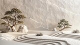 3D rendering of a minimalist Japanese rock garden with a large and a small tree, both with a twisty trunk, and a large and a small rock
