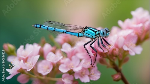 Beautiful close-up of a polish azure damselfly (Coenagrion puella) relaxing on a blossom in the wild. Natural morning macro light at dawn photo