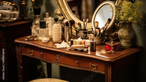 Vintage style dressing table decorated with mirror and makeup brushes. © ORG