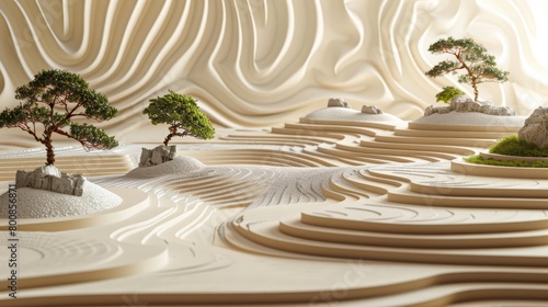 A photo of a beautiful and serene Zen garden with a miniature tree, rocks, and a raked sand and stone pattern. The garden is enclosed by a curved wall.