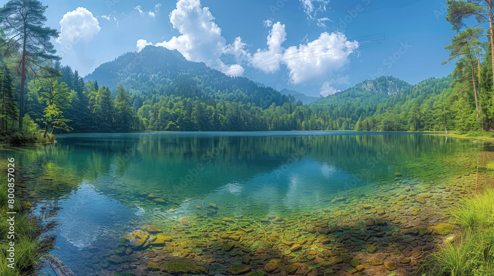 A stunning panoramic view of a blue lake surrounded by dense forests. Created with Ai
