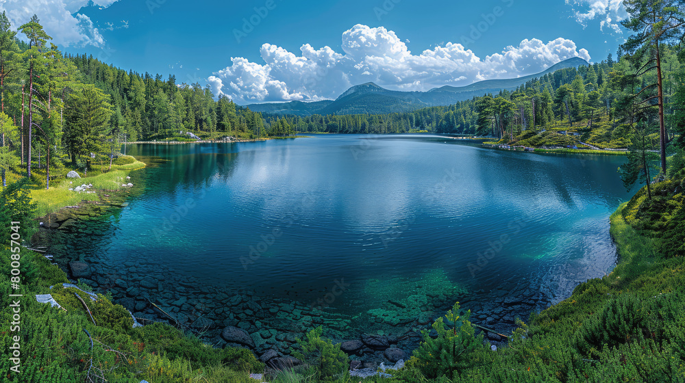 A stunning panoramic view of the lake surrounded by dense forests, creating an idyllic natural landscape backdrop. Created with Ai