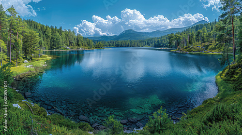 A stunning panoramic view of the lake surrounded by dense forests, creating an idyllic natural landscape backdrop. Created with Ai
