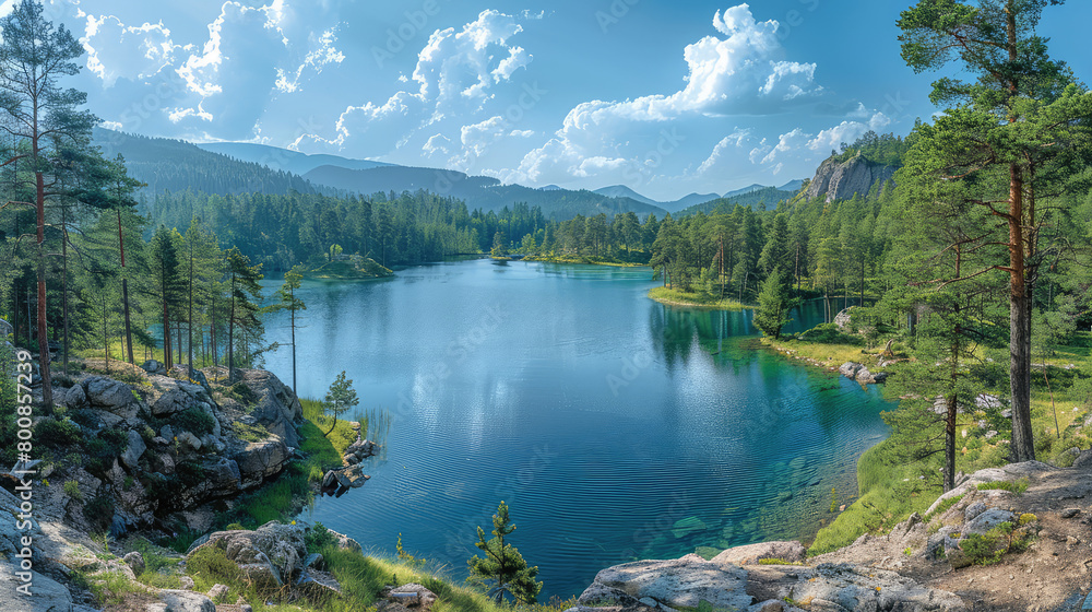 Beautiful lake in the forest, nature landscape with blue sky and clouds. Created with Ai