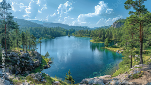 Beautiful lake in the forest, nature landscape with blue sky and clouds. Created with Ai