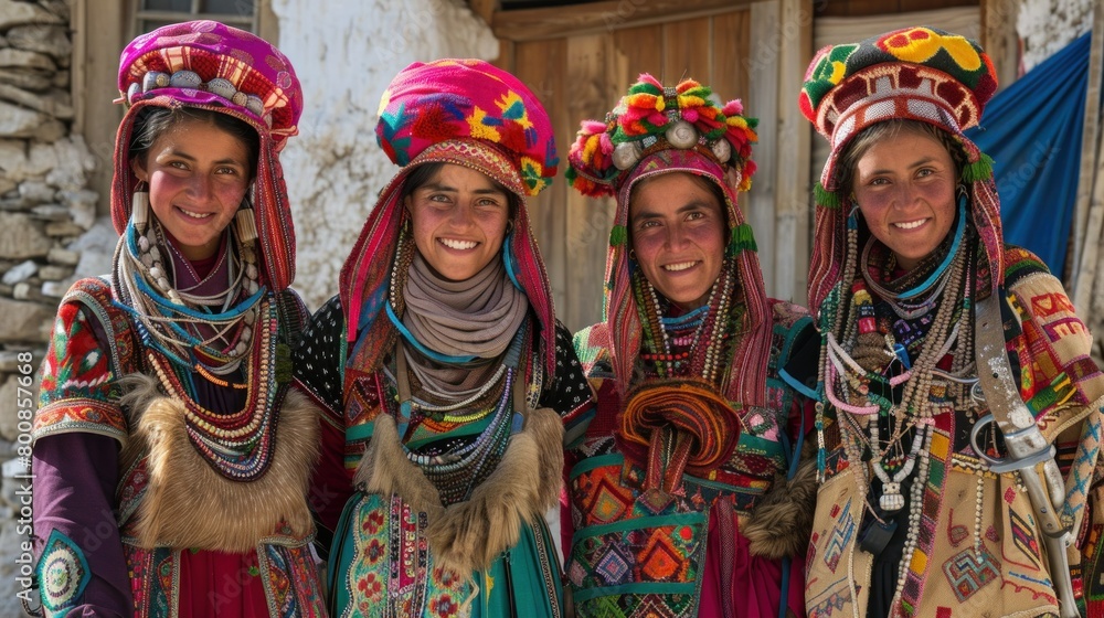Elderly women of the Ladakhi tribe wear traditional clothes.