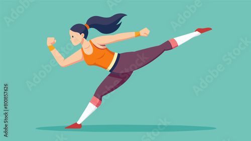 A female athlete demonstrates her proficiency in crosstraining by incorporating acrobatic movements from Wushu into her kickboxing techniques.