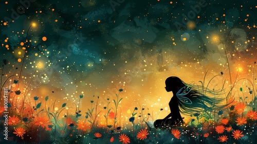   A painting of a girl with long locks in a flower-filled field  fireflies illuminating the night sky behind her