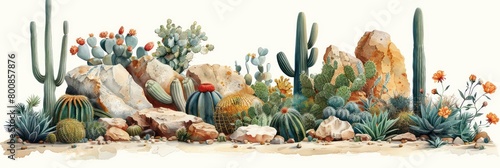 Create a sprawling montage capturing diverse desert cacti and delicate blooms, showcasing the vibrant beauty of arid landscapes. photo