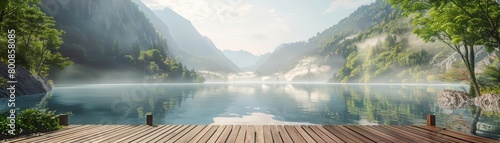 A wooden dock juts out into a calm lake on a foggy morning. The sun is rising over the mountains in the distance. The water is still and clear. The air is fresh and crisp. photo