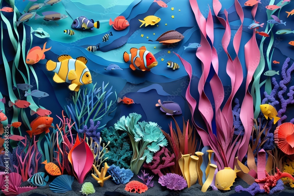 An illustration of a coral reef with a variety of fish, made out of paper. An illustration of a coral reef with a variety of fish, made out of paper.