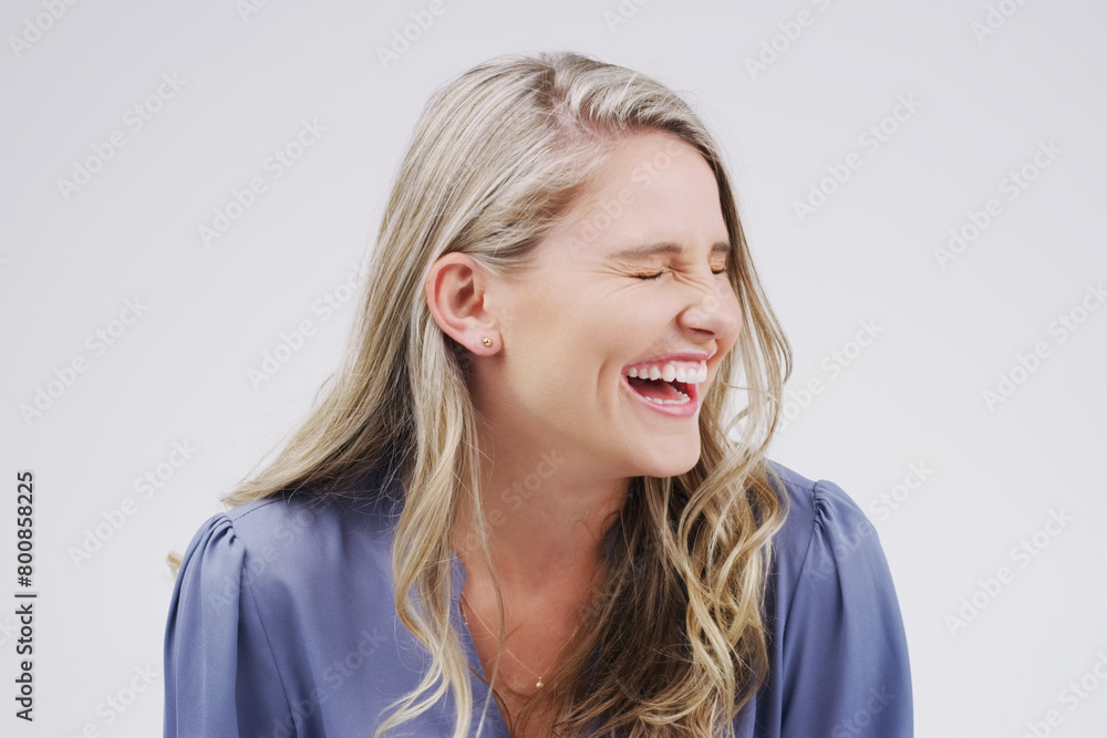 Happy, woman and laughter in studio for funny or comedy for emotions on white background. Smile, female person and gesture for comic from excited energy with humour for entertainment of meme or story Happy, woman and laughter in studio for funny or comedy for emotions on white background. Smile, female person and gesture for comic from excited energy with humour for entertainment of meme or story