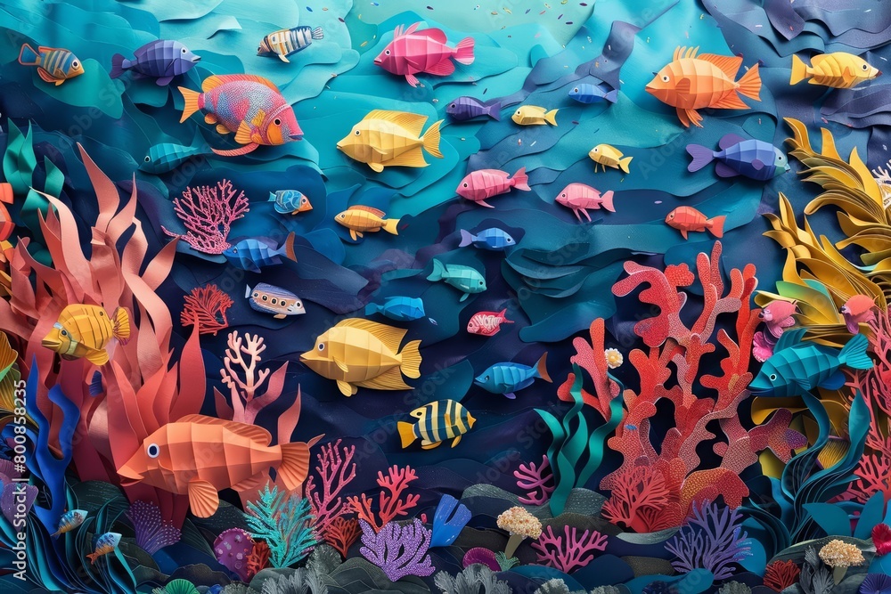 A vibrant and colorful paper-cut illustration of a coral reef