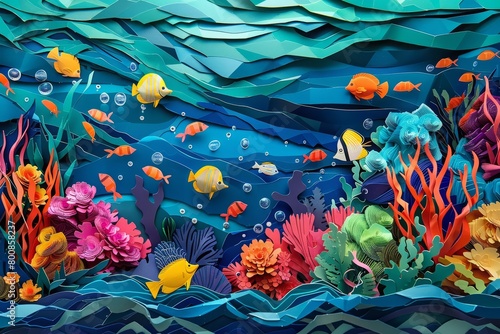 An intricate and detailed illustration of a coral reef, made of paper cutouts and arranged in a 3D diorama. The reef is full of colorful fish, plants, and other sea life. © Sweettymojidesign