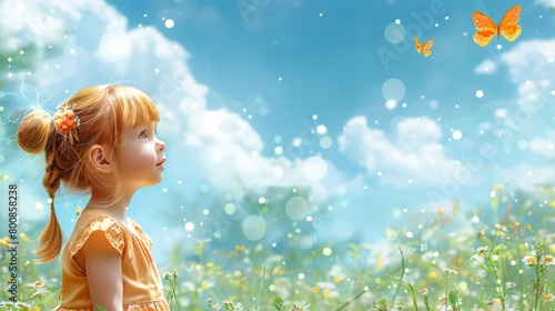 A young girl gazes at a butterfly in a flower-filled field, as it flies in the sky