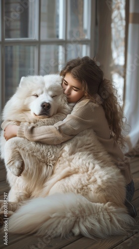 Young girl hugging her large