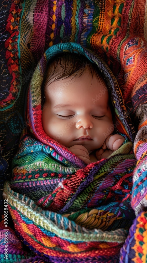 Sleepy baby wrapped snugly in a colorful blanket Sleepy baby wrapped snugly in a colorful blanket