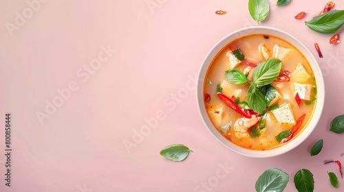 Asian meal tom yum with shrimp spicy soup with chili and coconut milk copy space