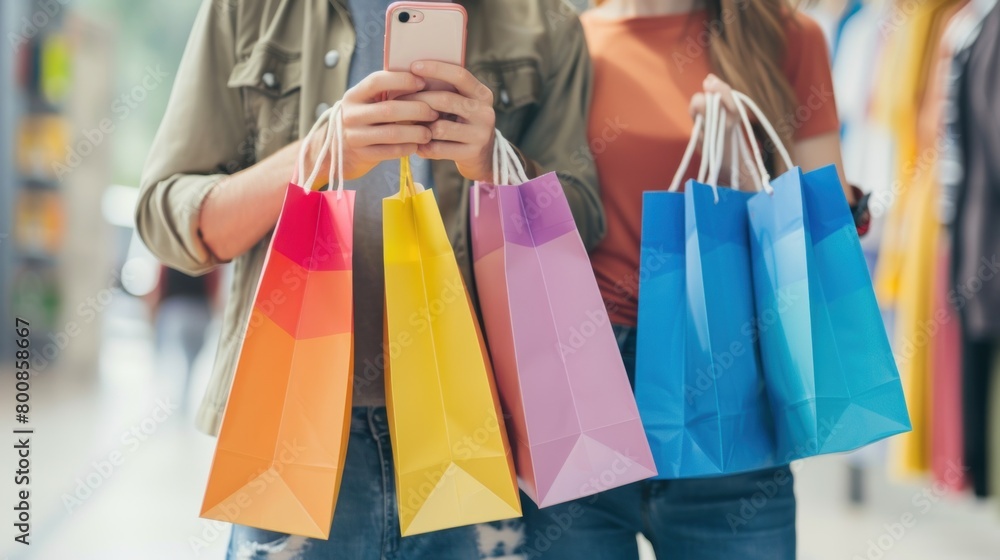 Buyers Couple Shopping Using Cellphone Holding Colorful Shopper Bags Standing In Mall Ai generated