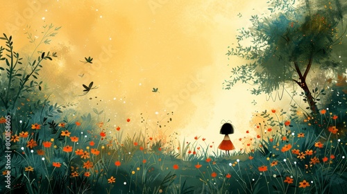  A girl in a red dress stands in a flower-filled field; a bird flies overhead