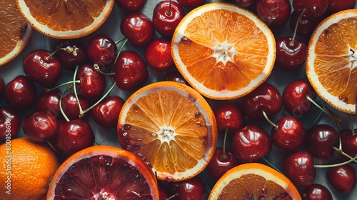 Fruit composition featuring grenades, cherries, and orange slices photo