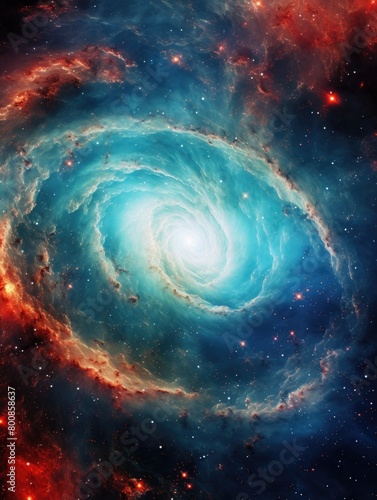 Spiral galaxy with blue center and red and orange hues