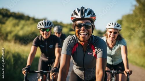 A diverse group of friends on bicycles shared smiles. A symbol of commitment to fitness and friendship.