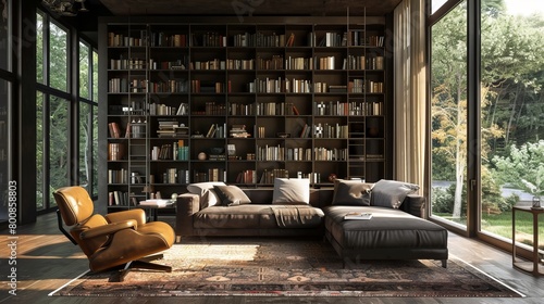 A spacious modern living room featuring dark chocolate brown walls and floor-to-ceiling bookshelves. The room is furnished with a large comfortable sofa, a leather armchair, and a rug photo