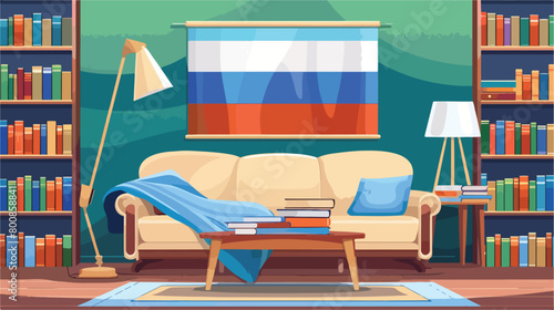 Russian flag and books on table near sofa Vector illustration photo
