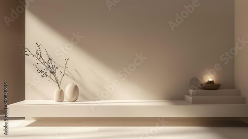 Create a 3D rendering of a minimalist room with a vase and a candle on a floating shelf