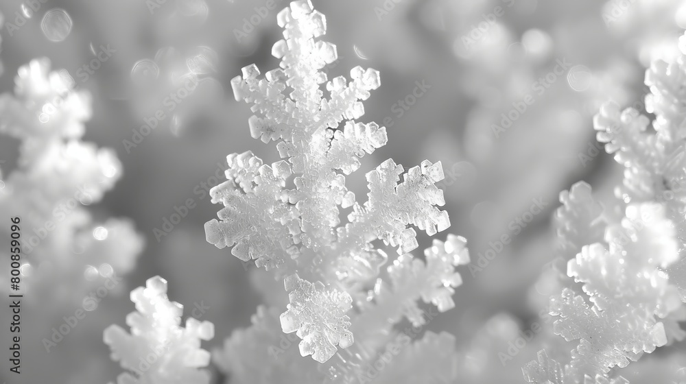 A monochrome image of a plant with snowflakes on its leaves and a blurred backdrop A monochrome image of a plant with snowflakes on its leaves and a blurred backdrop