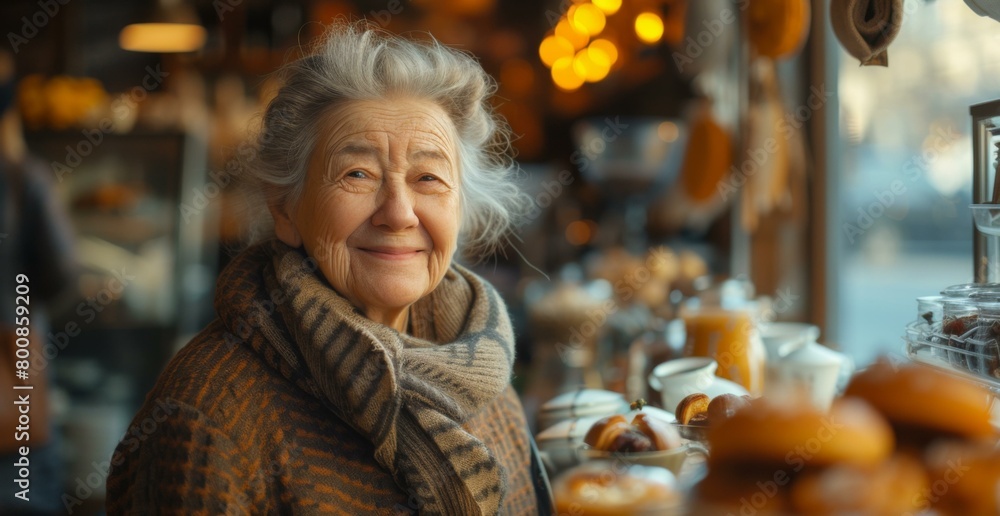 An older woman is smiling in front of a bakery. Generative AI. An older woman is smiling in front of a bakery. Generative AI.