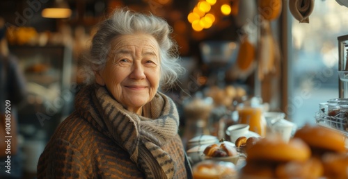 An older woman is smiling in front of a bakery. Generative AI. © Natalia