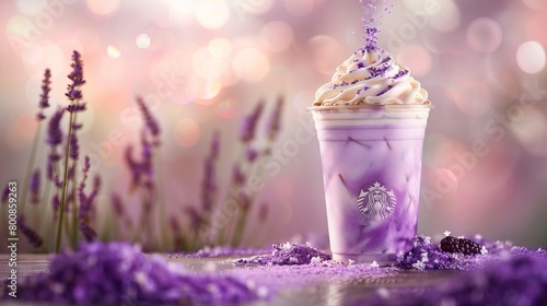 A photo with motion blur showcasing Starbucks' new lavender drinks for spring 2024