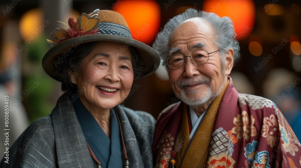An older couple in traditional clothing smiling for the camera. Generative AI.